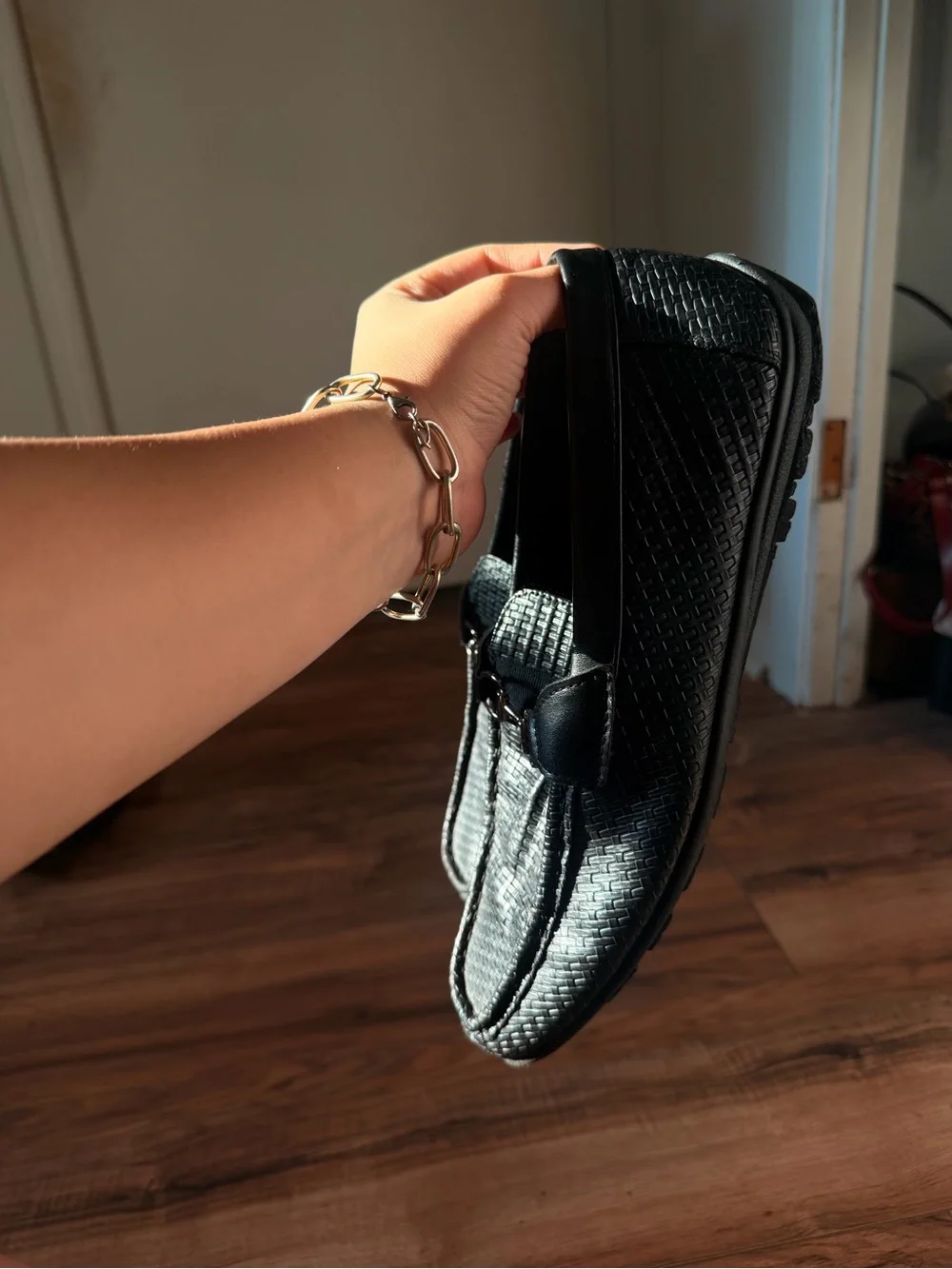 Men's Black Woven Leather Bit-Style Slip-On Loafers